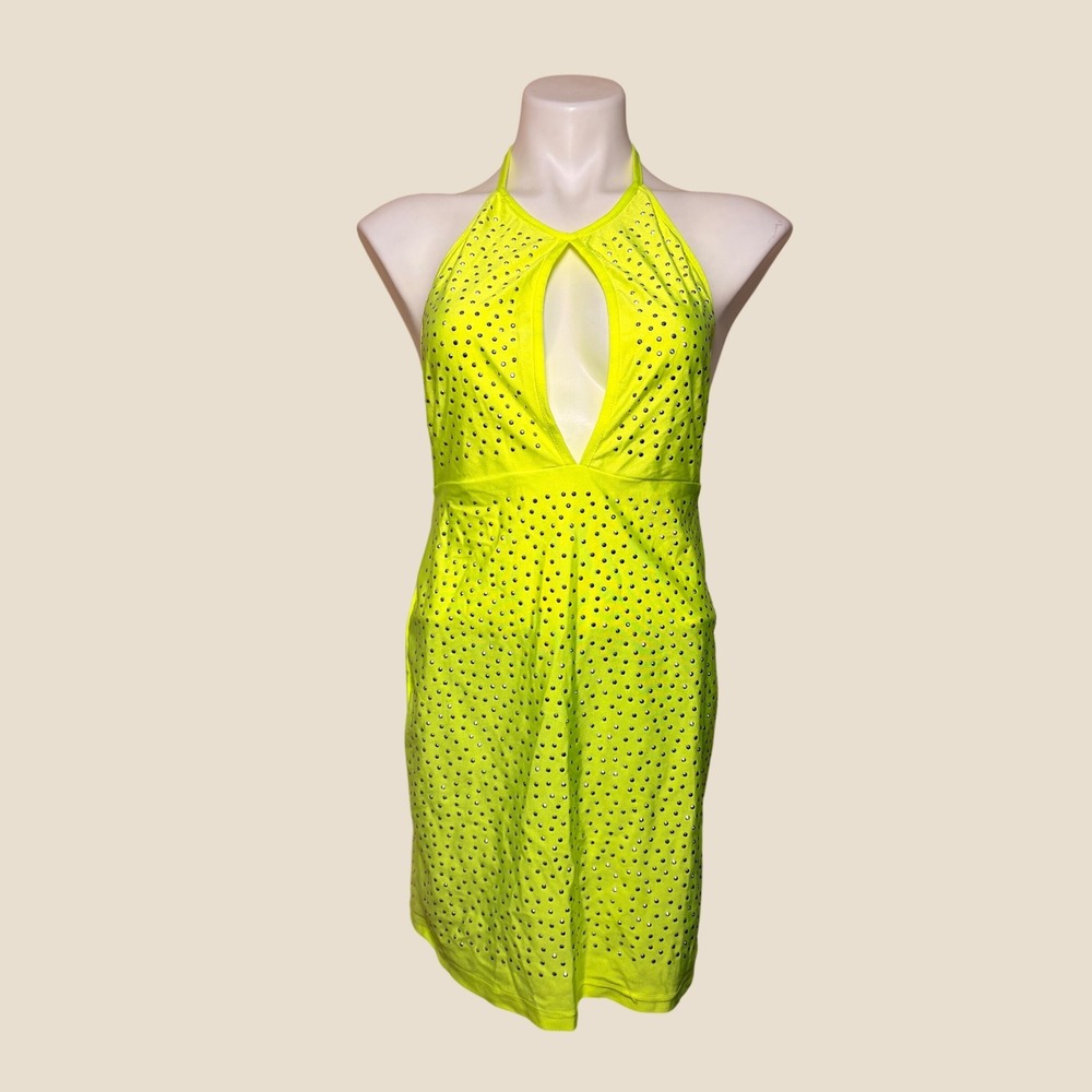 Y2K Daisy Neon Yellow Rhinestone Halter Mini Dress Keyhole Cutout #15